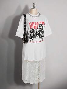 SHEIN ICON Women's Plus Size Lace Patchwork Letter Print Casual Cowboy Date Date Night Outing Dress White Summer - White - View 9