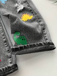 Young Boy Colorful Cartoon Dinosaur Print Pocket Denim Overalls - Light Grey - View 7