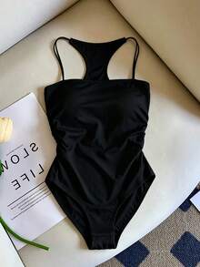 SHEIN Franclia 夏季女款上衣，女款素色荷葉邊飾修身雙肩帶裝飾連身衣，黑色上衣，百搭女款細肩帶背心上衣 - 黑色 - 查看 3