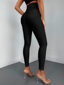 SHEIN Cottnline Plus Size High Waist Casual Traditional Black Rinse Wash Button Front Skinny Jean Formal Evening Winter - Black - View 3