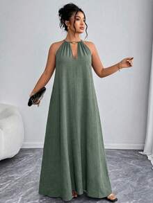 Elenzga Women's Fashion Elegant Solid Color Halter Neck Sleeveless Loose Plus Size Dress ValentinesRed New Year - Green - View 1