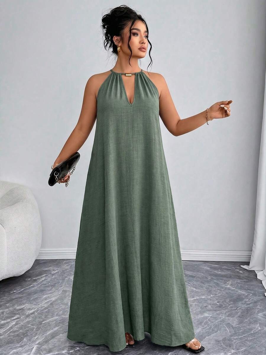 Elenzga Women's Fashion Elegant Solid Color Halter Neck Sleeveless Loose Plus Size Dress ValentinesRed New Year - Green - View 1