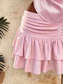 Sunspun Cerise Pink Summer Elwgant Vacation Holiday Satin Metal Buckle Draped Neck Tie Camisole Top&Printed Pleated Double Layer Hem Mini Skirt 2pcs Outfit - Pink - View 5