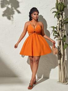 Maweii Plus Size Women's Summer A-Line Cinch Waist Cut-Out Waist Spaghetti Strap Sexy Beach Date Night Vacation Vacation Dress In Burnt Orange - Burnt Orange - View 5