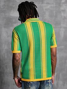 Manfinity Denimwave Men's Contrast Color Striped Letter Print Hollow Out Football Knit Top - Green - View 2