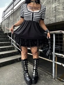 Whyspr Plus Size Striped Diamond Square Neck Patchwork Contrast Color Lace Trim A-Line Short Sleeve T-Shirt Party Black And White Summer 90s - Black and White - View 5