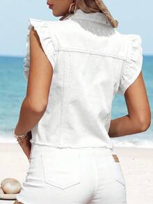 EMERY ROSE Chaqueta de mezclilla de manga corta con volantes casual de verano para tallas grandes - Blanco - Ver 2