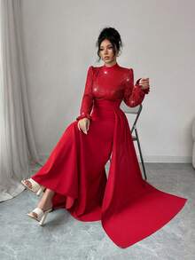 SHEIN Elenzya Robe de soirée élégante et glamour pour femme avec sequins, pour invitée de mariage, cocktail, Nouvel An et Noël, à manches longues, taille cintrée, évasée et fluide - Rouge - Voir 4
