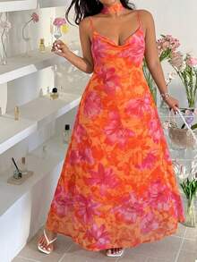 GalTyme Plus Size Women's Elegant Floral Print Spaghetti Strap Vacation Dress - Multicolor - View 4