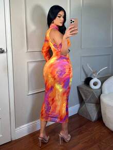 SHEIN SXY Tie-Dye Printed Ruched See-Through One-Shoulder Tight Mesh Summer Elegant Dress - Multicolor - View 3