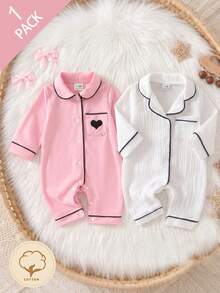 SHEIN Vintaside Kids 新生兒居家連身睡衣，棉質皺褶布料配滾邊，柔軟舒適 - 白色 - 查看 8