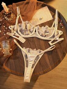 Divavoom Maple Leaf Burnout Half Cup Lingerie Set, Sexy Sheer 2-Piece Set - Champagne - View 2