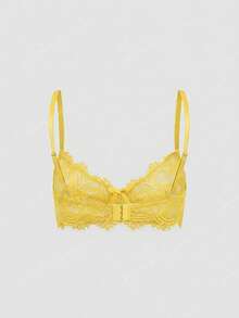 ROMWE Plus Size Dark Gothic Eyelash Floral Lace Underwire Triangle Cup Bustier Bra - Yellow - View 2