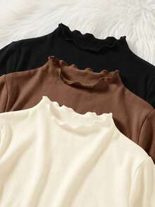 SHEIN Young Girl Matching Casual Minimalist Comfortable High Neck 3-Piece Long Sleeve T-Shirt Set - Multicolor - View 5