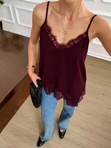 Elegant Women's Summer Camisole In Solid Color With Lace Patchwork And Side Slit - Apricot - View 5