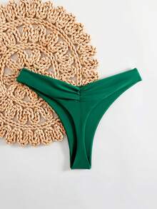 Swim Basics Women's Solid Color V-Neck Bikini Bottom For Summer Beach Spring Green Holiday - Dark Green - View 2