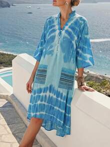 SHEIN Holidaya Women's Green Tie-Dye Casual Vacation Dress - Green - View 5