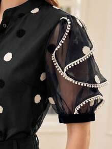MOTF PREMIUM POLKA DOT PRINT SHEER PETAL SLEEVE BLOUSE FOR WOMEN - Black - View 4