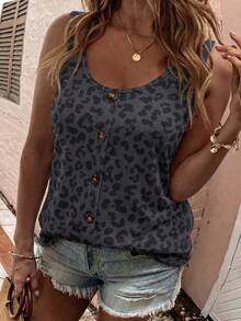 EMERY ROSE New Plus Size Women's Fashion Casual Versatile Leopard Print Button U-Neck Tank Top - Multicolor - View 1