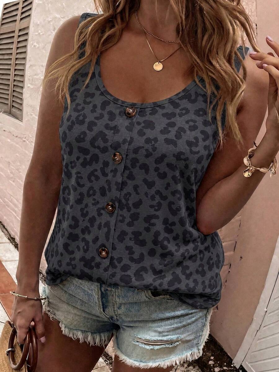 EMERY ROSE New Plus Size Women's Fashion Casual Versatile Leopard Print Button U-Neck Tank Top - Multicolor - View 1