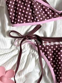 SHEIN Swim 2026春夏 Y2K復古爆紅女孩性感 2合1 波普藝術棕色波點印花 性感度假海灘休閒女款泳衣套裝 - 彩色 - 查看 4