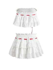 Sweetness Spring Summer Cute Girl's Sweet Layered Ruffle Bandeau Top And Mini Skirt 2-Piece Set Golf White Sexy - White - View 9