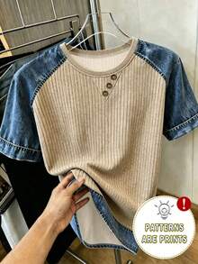 Franclia Women's Round Neck Color Block Casual Versatile Daily Wear Short Sleeve T-Shirt - Brown - View 1