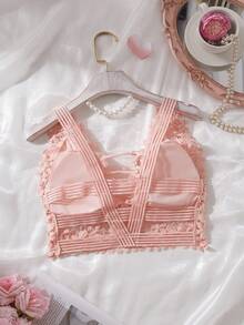 SHEIN 女款花卉蕾絲素色肩帶裝飾優雅胸罩 - 粉色 - 查看 2