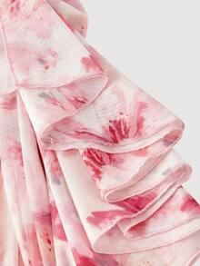 Skyraze 女款復古紮染花卉印花抓皺荷葉邊裙擺洋裝，不對稱裙襬洋裝 - 淺粉色 - 查看 5