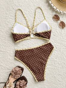 Swim SPRTY 2pcs/Set Pakaian Pantai Musim Panas Wanita, Atasan Tali Bahu Motif Acak Warna dan Bawahan Bikini Pinggang Tinggi - MultiWarna - View 4