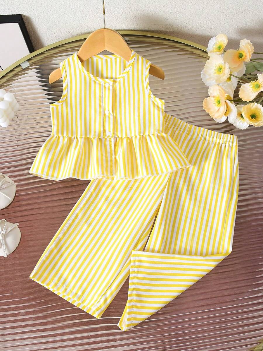 SHEIN Vintaside Kids 2件組女嬰幼童/新生兒0-3歲春夏休閒甜美日常度假條紋梭織無袖背心上衣寬腿褲套裝 - 黃色 - 查看 1