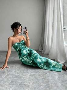 SHEIN Raffinéa 無袖平口扭轉露背鏤空綁帶貼身豹紋美人魚洋裝 - 彩色 - 查看 4