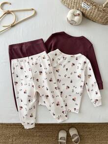 LMoss Kids Baby Girl Knit Solid Color Floral Pattern Round Neck T-Shirt And Long Pants Tight-Fitting Loungewear 4pcs Set - Multicolor - View 2
