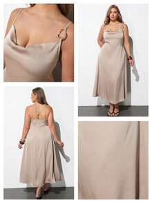 Maija Plus Size Champagne Cowl Neck Spaghetti Strap Metal Buckle Fitted Flared Satin Sateen Slip Dress, Modern Vacation Casual Low-Key Old Money Style Luxury Cruise Wear, Middle East Minimalist Quiet Luxury Textured Essential Outfit, Fashion Business Casual Urban Women's Office Wear, City Commute High Quality Airport Outfit, All Season Versatile Vacation Clothing - Apricot - View 9