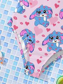 Traje de baño de una pieza casual y minimalista para niñas jóvenes con estampado de conejo azul Lulu, corazón rosa, labios, dibujos animados, lazo, Navidad, otoño, adecuado para vacaciones de verano en la playa, sesión de fotos, vacaciones de verano, traje de baño estético, fiesta en la piscina, campamento de verano, estilo cottagecore - Multicolor - Ver 5