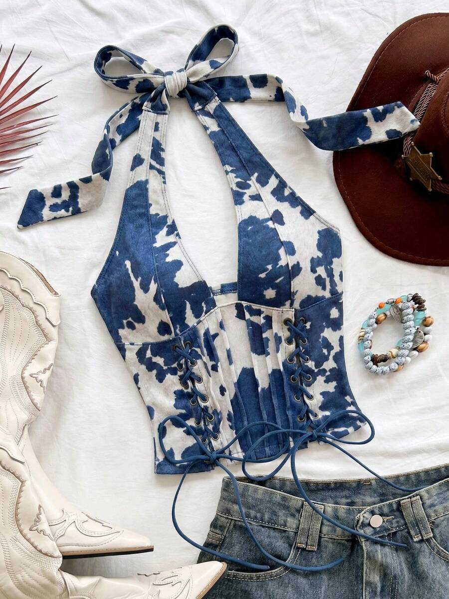 Soleia 白色動物印花夏季西部音樂節女款V領繫帶麂皮解構背心,波希米亞度假海灘夜店郵輪上衣 - 藏蓝色 - 查看 1