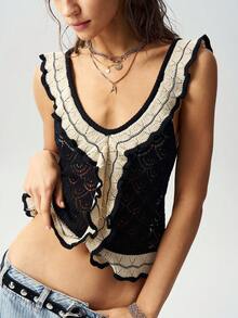 Bohemela Women's Colorblock Patchwork Ruffle Sleeveless Knit Top Vacation Black Summer Boho - Black - View 5