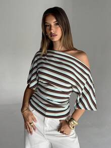 Aloruh Women's Striped Asymmetric Neck Loose Fit Ruched Waist Cinched Simple Basic T-Shirt - Multicolor - View 6