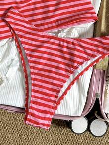 Swim Mod 女款兩件式分開式比基尼套裝，熱帶可愛多色條紋印花細肩帶繫帶性感可愛三角泳褲，熱銷海灘度假休閒優雅情人節派對背心吊帶比基尼套裝，女款度假優雅海灘穿搭泳裝 - 彩色 - 查看 4