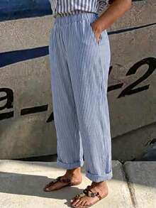 EMERY ROSE Plus Size Women's Pocket Loose Linen Striped Vacation Pants Fall - Multicolor - View 4