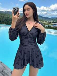 DAZY 女款度假蝴蝶印花長袖連身泳衣 - 黑色 - 查看 5