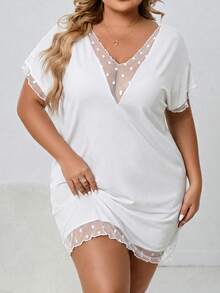 SHEIN CURVE+ Plus Size Women's Mesh Spliced White Dress Loose Elegant Western Casual Holiday Summer Office Date Night Formal Lounge Brunch Business - White - View 3