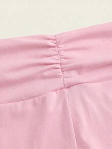 Kids Teen Girl Spring/Summer New Pink Ruched Design Short Sleeve Round Neck T-Shirt + Waist Ruched Flare Long Pants 2pcs Set, Suitable For Daily Outings, School Wear, Basic Long Pants Set - Pink - View 3