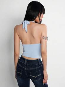 Rina Fox Women's Solid Color Halter Backless Sleeveless Fitted Ruched Fashionable Blouse Vacation Baby Blue Summer Sexy Chic Club Night - Blue - View 2