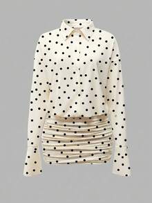 Cévolie Robe mini mode 2026 pour femmes à imprimé à pois, épaules tombantes, manches longues et plissée - Nude - Voir 4