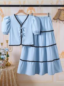 Teen Girls Fashion Casual Woven Bubble Textured Fabric Cropped Jacket With Long Skirt, Contrast Color Wavy Ribbon Trim, Eye-Catching Detail, Loose Fit, Comfortable, Suitable For Spring, Summer, Autumn, Daily Commute, Outings, Gatherings, Photo Shoots - Blue - View 3