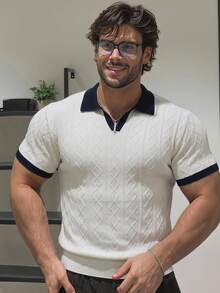 DAZY Plus Size Men's Two-Tone Color Block Ribbed Geometric Pattern Knit Top Summer - White - View 4