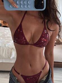 Swim SXY 女款夏季海灘亮片掛脖綁帶性感比基尼三角泳褲兩件式泳衣套裝 - 酒紅色 - 查看 1