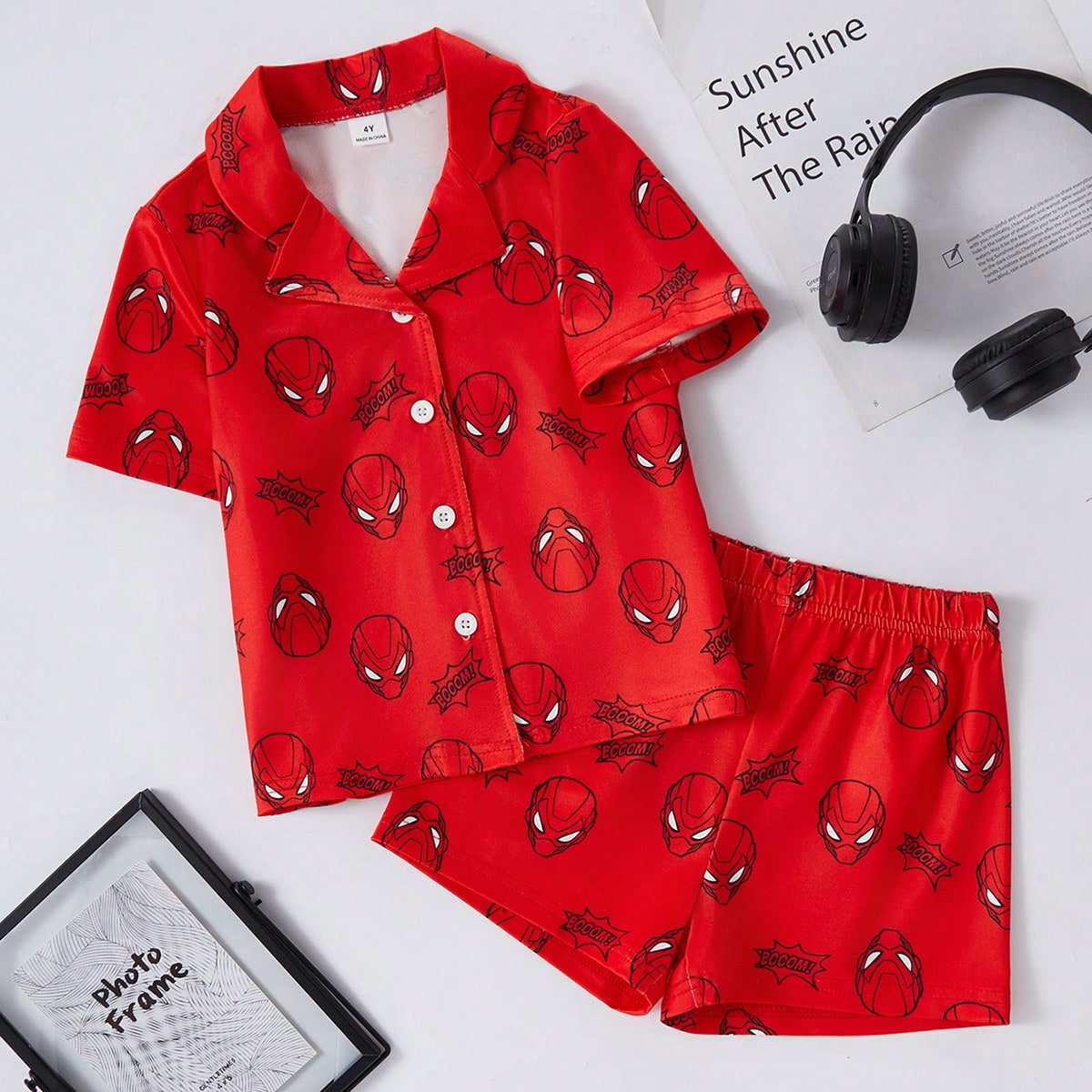 Piezas Conjunto de pijama de polo de manga corta con máscara de araña roja y pantalones cortos para niño pequeño, hecho de tela ignífuga cómoda,