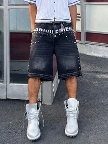 STEELVANCE 男士毛邊寬鬆休閒牛仔短褲 - 黑色 - 查看 2